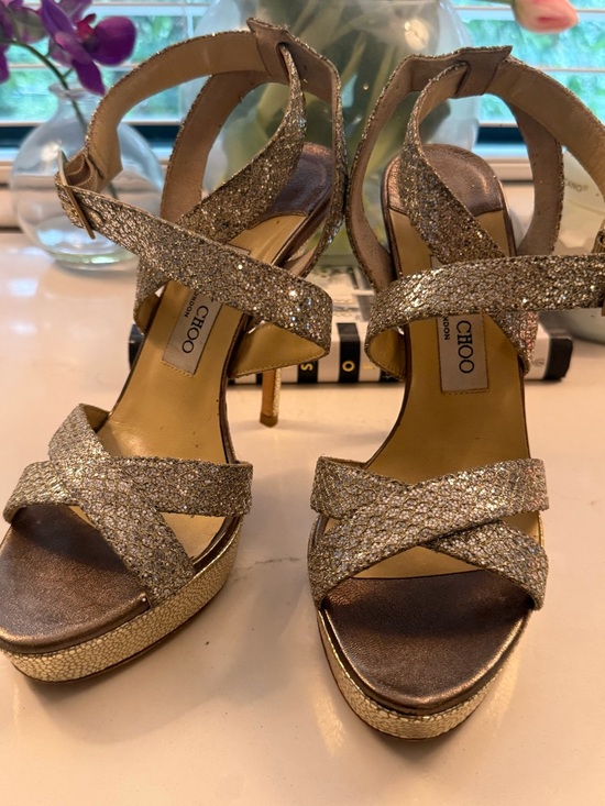 Jimmy Choo Gold Glitter Crisscross Platform Stilettos - Picture 2 of 3